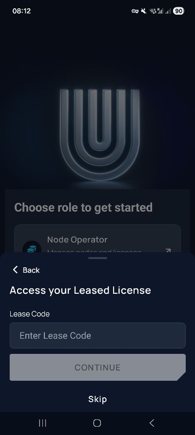 Screenshot of the Unetwork enter lease code