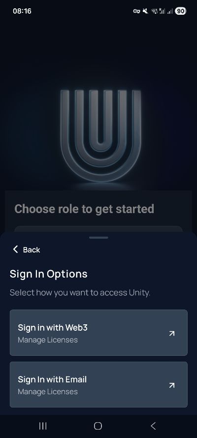 Screenshot of the Unetwork sign in options