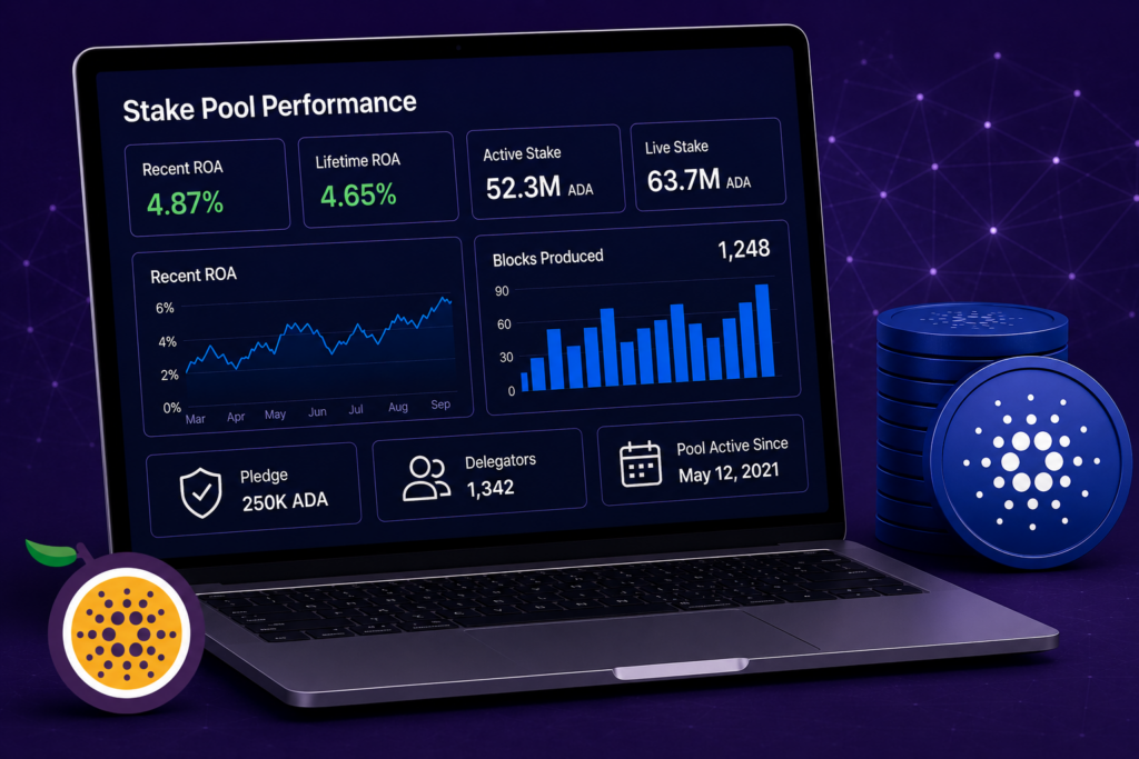 Cardano stake pool performance dashboard showing ROA, active stake, live stake, blocks produced, pledge, delegators, and pool uptime.